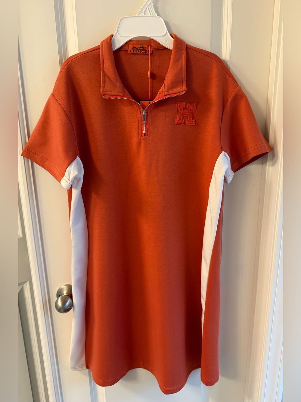H Orange Short-Sleeve Zip Jersey Polo Dress with White Side Panels